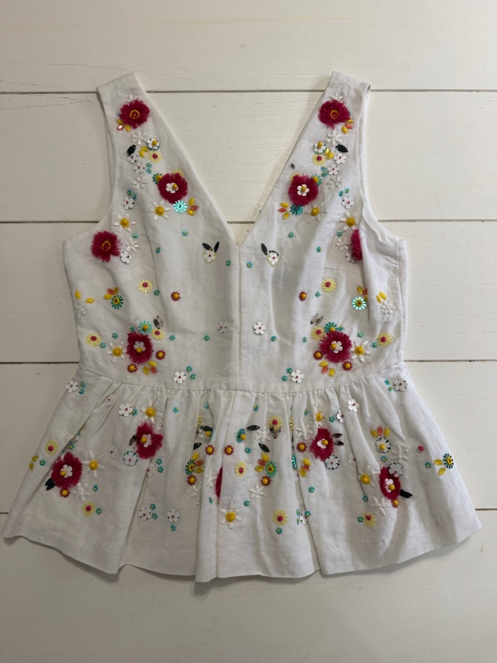 White V-Neck Floral Embroidered Peplum Top